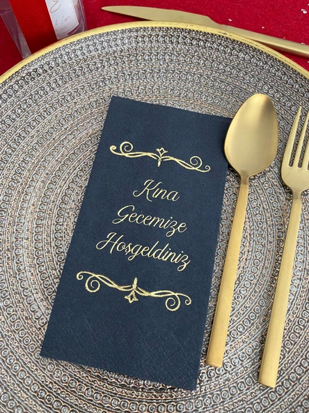 Gold Yaldızlı Siyah Kına Gecemize Hoşgeldiniz Peçete 16 Adet - Resim 2