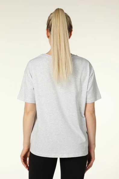 Kadın Baskılı Kısa Kollu Bisiklet Yaka Oversıze Oversıze Tişört Kar Melanj  L KAR MELANJ - Resim 4