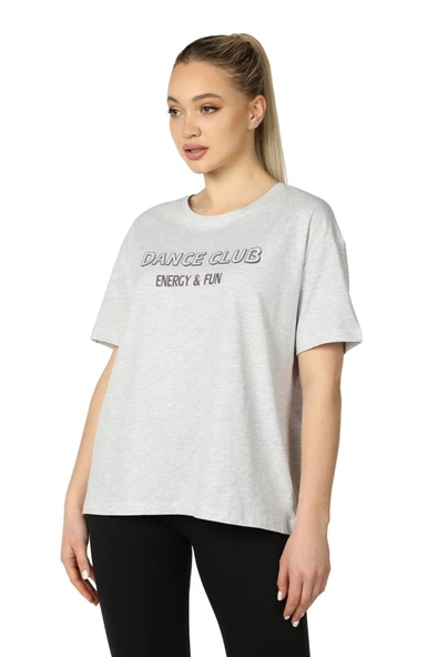 Kadın Baskılı Kısa Kollu Bisiklet Yaka Oversıze Oversıze Tişört Kar Melanj  XS KAR MELANJ ürün görseli