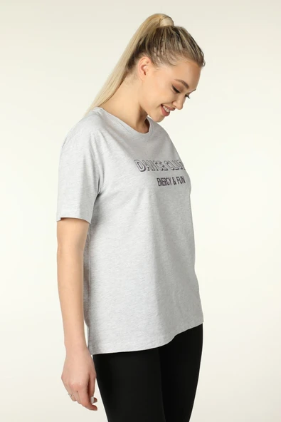 Kadın Baskılı Kısa Kollu Bisiklet Yaka Oversıze Oversıze Tişört Kar Melanj  XS PEMBE - Resim 3