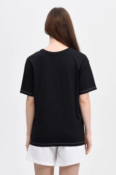 Kadın Baskılı Kısa Kollu Bisiklet Yaka Oversıze Oversıze Tişört Kar Melanj  S KAR MELANJ - Resim 12