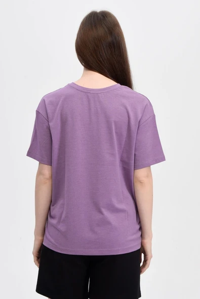 Kadın Baskılı Kısa Kollu Bisiklet Yaka Oversıze Oversıze Tişört Kar Melanj  XL KAR MELANJ - Resim 6