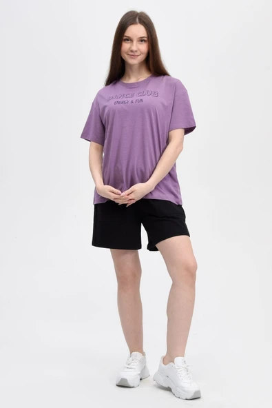 Kadın Baskılı Kısa Kollu Bisiklet Yaka Oversıze Oversıze Tişört Kar Melanj  M KAR MELANJ - Resim 7