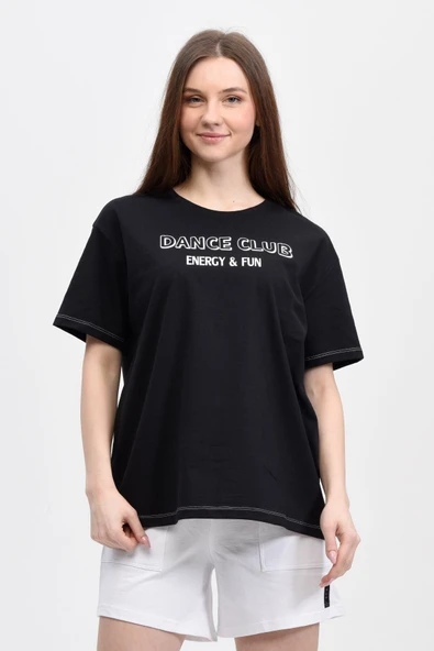 Kadın Baskılı Kısa Kollu Bisiklet Yaka Oversıze Oversıze Tişört Kar Melanj  S PEMBE - Resim 10