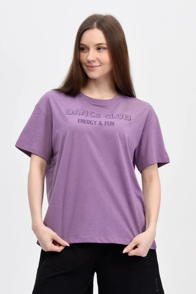 Kadın Baskılı Kısa Kollu Bisiklet Yaka Oversıze Oversıze Tişört Kar Melanj  S PEMBE - Resim 8