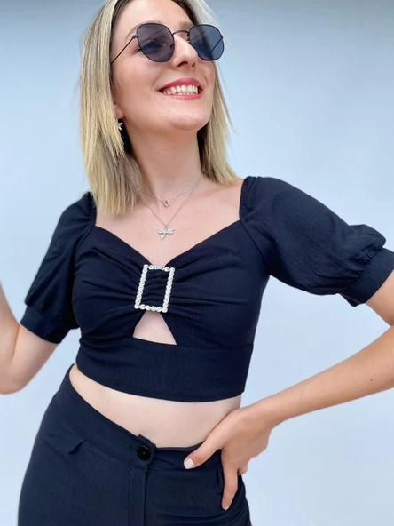 Siyah Kalem Pantolon Toka Detaylı Crop ikili Takım - 5