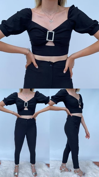 Siyah Kalem Pantolon Toka Detaylı Crop ikili Takım - 6