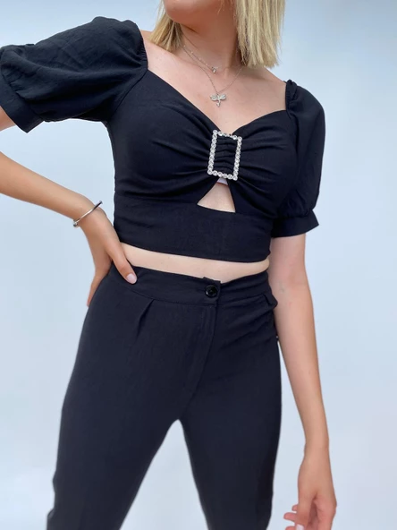 Siyah Kalem Pantolon Toka Detaylı Crop ikili Takım - 2