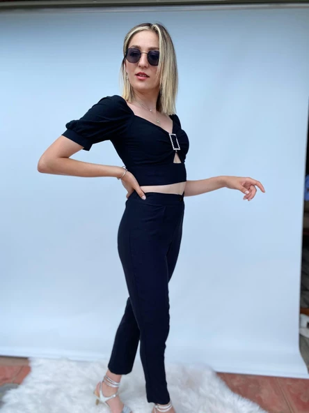 Siyah Kalem Pantolon Toka Detaylı Crop ikili Takım - 4