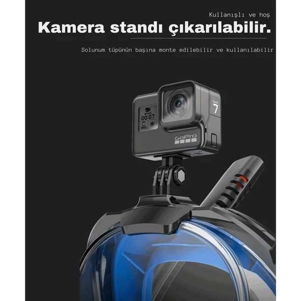 TechTic Çift Tüp Silikon Şnorkel Tam Yüz Dalış Maskesi Fullface Buğu Önceliyici Anti Sızıntı Gopro - 7