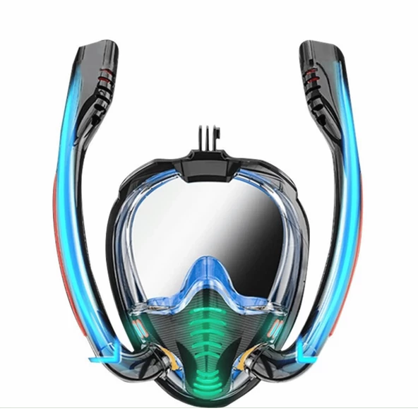 TechTic Çift Tüp Silikon Şnorkel Tam Yüz Dalış Maskesi Fullface Buğu Önceliyici Anti Sızıntı Gopro - 3