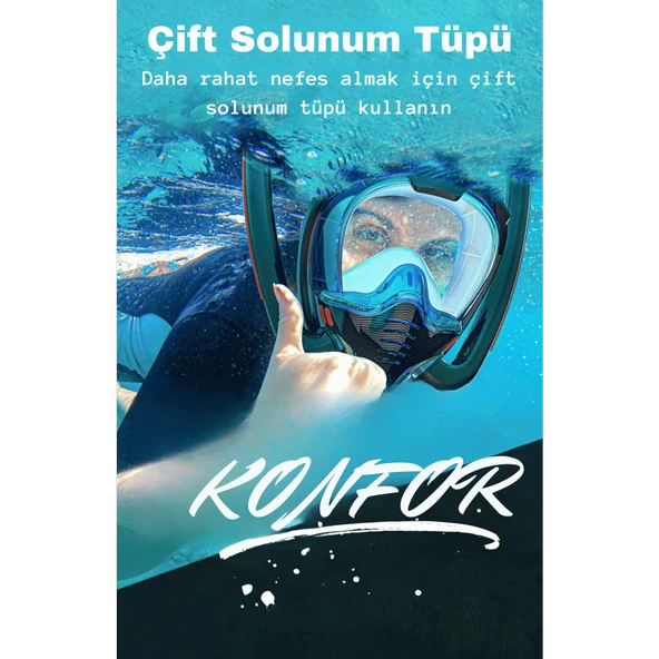 TechTic Çift Tüp Silikon Şnorkel Tam Yüz Dalış Maskesi Fullface Buğu Önceliyici Anti Sızıntı Gopro - 2