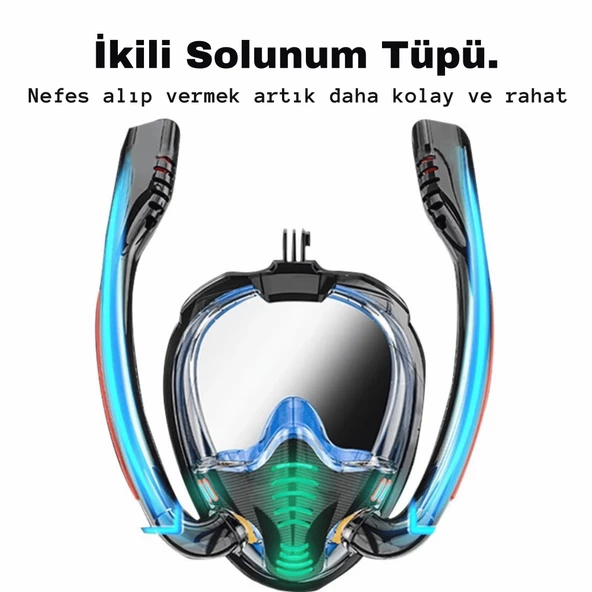 TechTic Çift Tüp Silikon Şnorkel Tam Yüz Dalış Maskesi Fullface Buğu Önceliyici Anti Sızıntı Gopro - 5