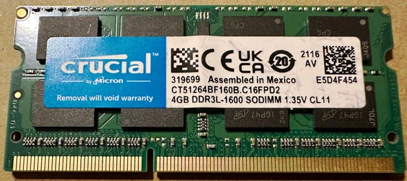 CT51264BF160B Crucial 4GB DDR3L-1600 SODIMM NOTEBOOK RAM BELLEK