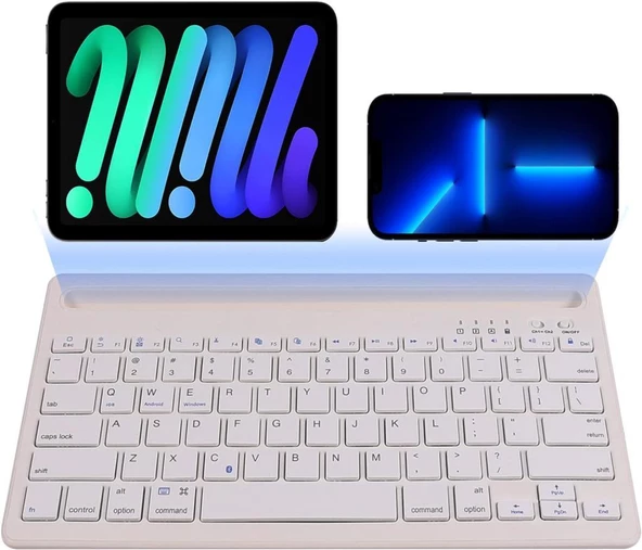 Vestel V Tab Z1 10.1" Uyumlu Kablosuz Bluetooth Şarj Edilebilir Tablet Telefon Standlı Klavye - Beyaz