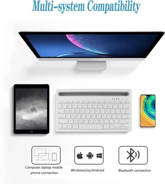 Apple iPad Mini 6 2021 6. Nesil 8.3" Uyumlu Kablosuz Bluetooth Şarj Edilebilir Tablet Telefon Standlı Klavye - Beyaz - 2