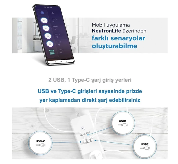 Neutron Akıllı Wi-fi Destekli 16a 4'lü Çocuk Kilitli Akım Korumalı Çoklu Priz - 3