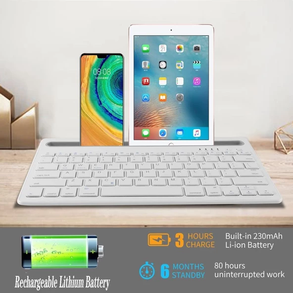 Hometech Alfa 10M 10.1" Uyumlu Kablosuz Bluetooth Şarj Edilebilir Tablet Telefon Standlı Klavye - Beyaz - 3