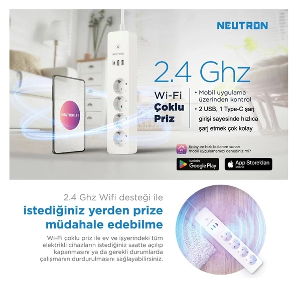 Neutron Akıllı Wi-fi Destekli 16a 4'lü Çocuk Kilitli Akım Korumalı Çoklu Priz - 2
