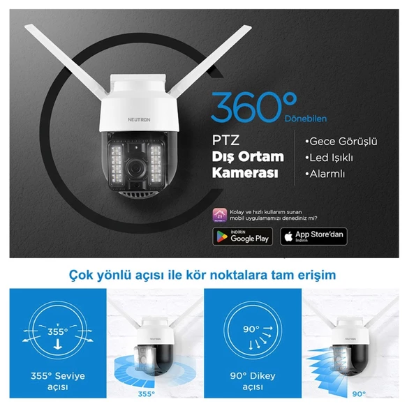 Neutron Gece Görüşlü Led Işıklı 360° Dönebilen Alarmlı Ip Wifi Dış Ortam Güvenlik Kamerası - Resim 4