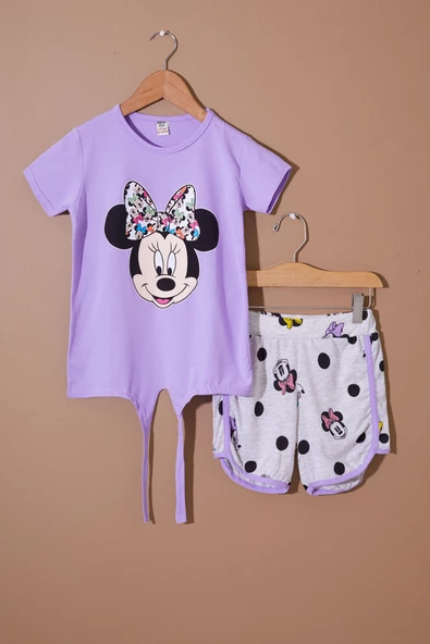 Lila Puantiyeli Fare Baskılı Kız Çocuk Şortlu Takım 19111