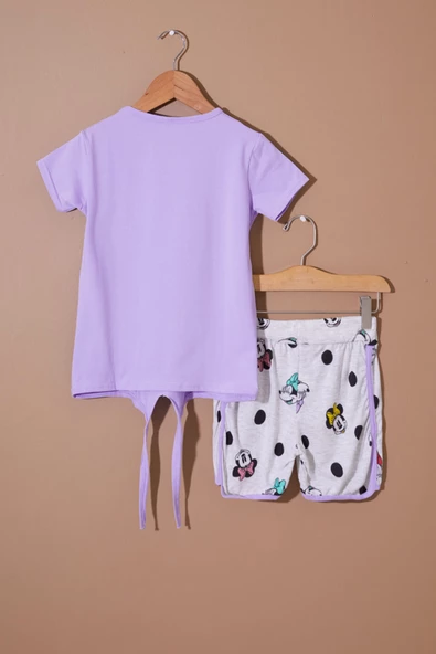 Lila Puantiyeli Fare Baskılı Kız Çocuk Şortlu Takım 19111 - 5