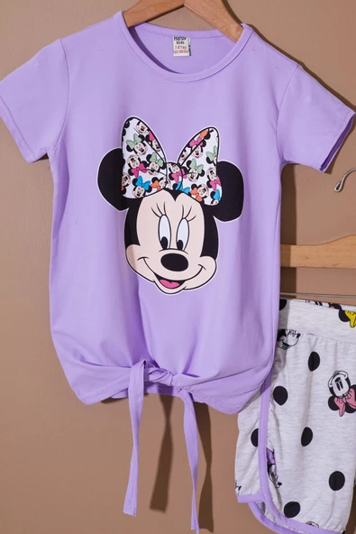 Lila Puantiyeli Fare Baskılı Kız Çocuk Şortlu Takım 19111 - 2