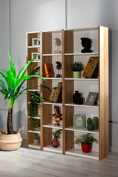 SANDALİE Eva 3'lü Kitaplık Seti Dekoratif Çok Raflı Suntalam Kitaplık - Ceviz/beyaz