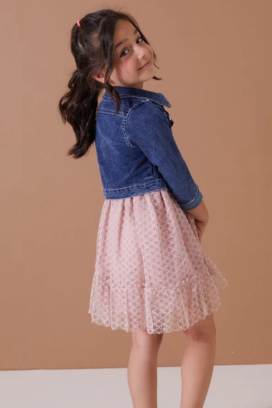 Gül Kurusu Jean Crop Ceketli Tüllü Kız Çocuk Elbise Takımı 19104 - 6