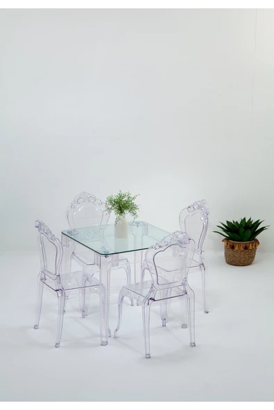 SANDALİE  Sermetto 80x80 Masa / 4 Adet Milda Sandalye Takımı - Şeffaf