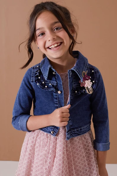 Gül Kurusu Jean Crop Ceketli Tüllü Kız Çocuk Elbise Takımı 19104 - 3
