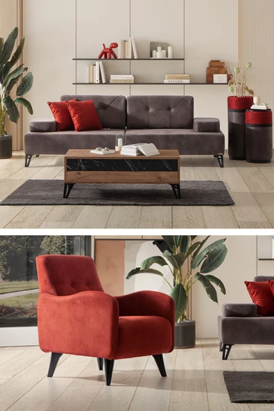 SANDALİE Avrupa 3+1 Salon&oturma Odası Koltuk Takımı - Antrasit&Bordo