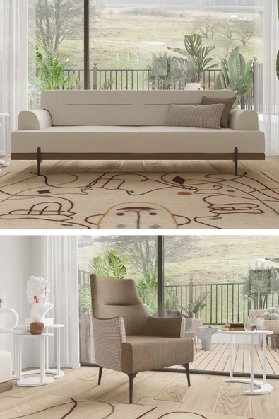 SANDALİE Linen 3+1 Salon&oturma Odası Koltuk Takımı - Krem&Kahve