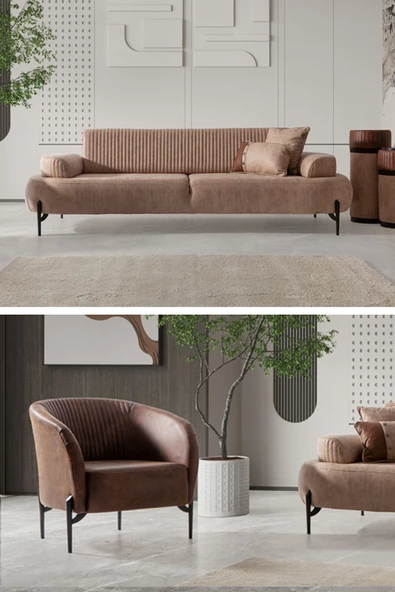 SANDALİE Cross 3+1 Salon&oturma Odası Koltuk Takımı - Krem&Kahve