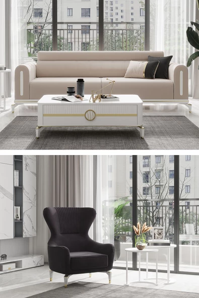 SANDALİE Bella Gold 3+1 Salon&oturma Odası Koltuk Takımı - Krem&Siyah