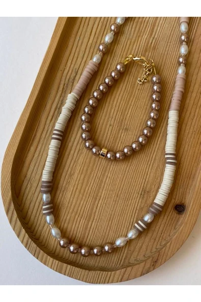 Kahverengi Renkli Fimo Kolye Bileklik Takı Seti PYTKFMKLYBLK96 - Resim 3