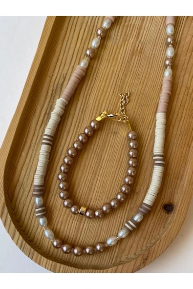 Kahverengi Renkli Fimo Kolye Bileklik Takı Seti PYTKFMKLYBLK96 - Resim 2