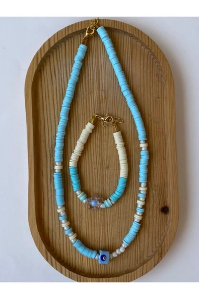 Çiçek Renkli Fimo Kolye Bileklik Takı Seti PYTKFMKLYBLK98 - Resim 3