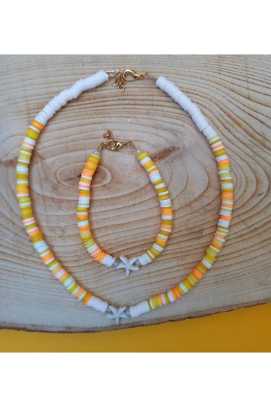 Sarı Deniz Yıldızı Fimo Kolye Bileklik Set Kolye Pytkfmklyblk32 - Resim 3