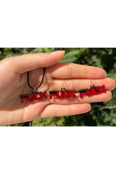 F*ck Yazılı Renkli Unisex Deri Ip Metal Kolye Küpe Seti Pytkkk0t0016 - Resim 3