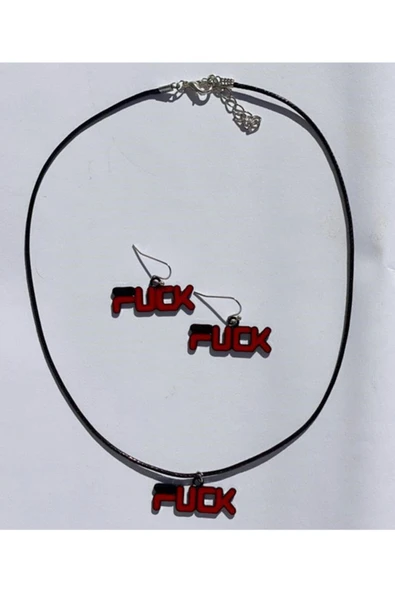 F*ck Yazılı Renkli Unisex Deri Ip Metal Kolye Küpe Seti Pytkkk0t0016 - Resim 2