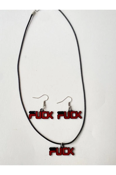 f*ck Yazılı Set Unisex Metal Kolye Küpe Set PYTKKLKP203 - Resim 5