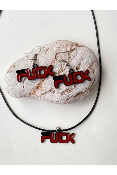 f*ck Yazılı Set Unisex Metal Kolye Küpe Set PYTKKLKP203 - Resim 4