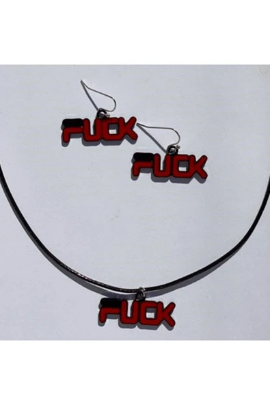 F*ck Yazılı Renkli Unisex Deri Ip Metal Kolye Küpe Seti Pytkkk0t0016 ürün görseli