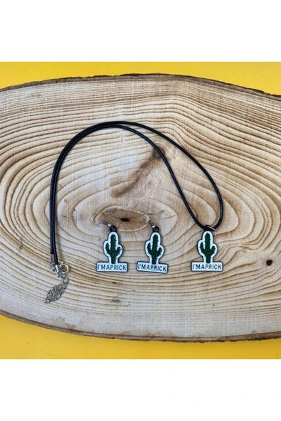 Kaktüs I'm Maprick Kolye Küpe Renkli Unisex Metal Kolye Küpe Seti Pytkklkp177 ürün görseli
