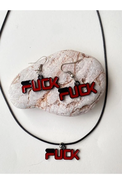 f*ck Yazılı Set Unisex Metal Kolye Küpe Set PYTKKLKP203 - Resim 2