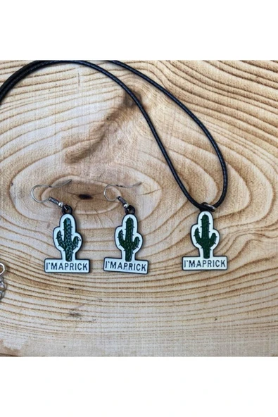 Kaktüs I'm Maprick Kolye Küpe Renkli Unisex Metal Kolye Küpe Seti Pytkklkp177 - Resim 2