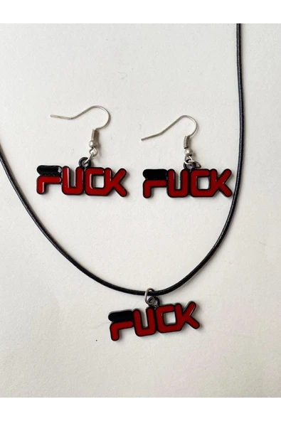 f*ck Yazılı Set Unisex Metal Kolye Küpe Set PYTKKLKP203 - Resim 3