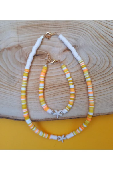 Sarı Deniz Yıldızı Fimo Kolye Bileklik Set Kolye Pytkfmklyblk32 - Resim 4