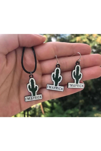 Kaktüs Unisex Metal Kolye Küpe Seti - Resim 2